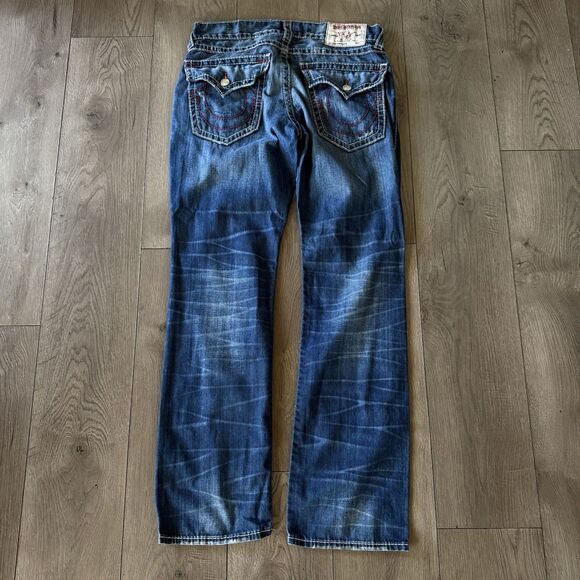 True Religion Mens 34X343 Straight Flap Natural Big T Denim Jeans Red Stitch
